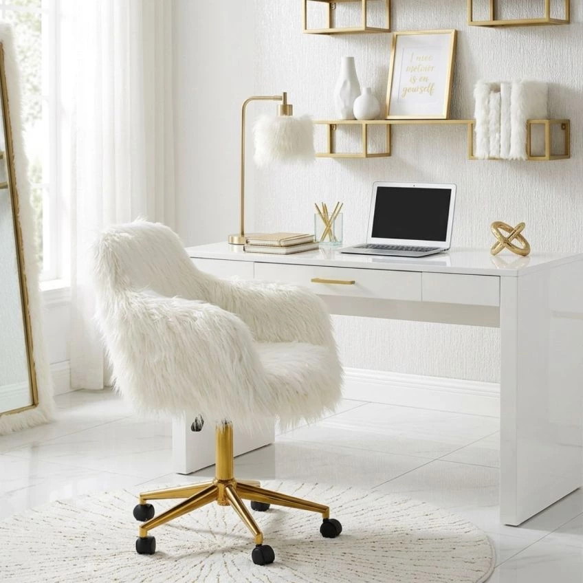 Snoop Office Chair Cream Faux Fur & Gold
