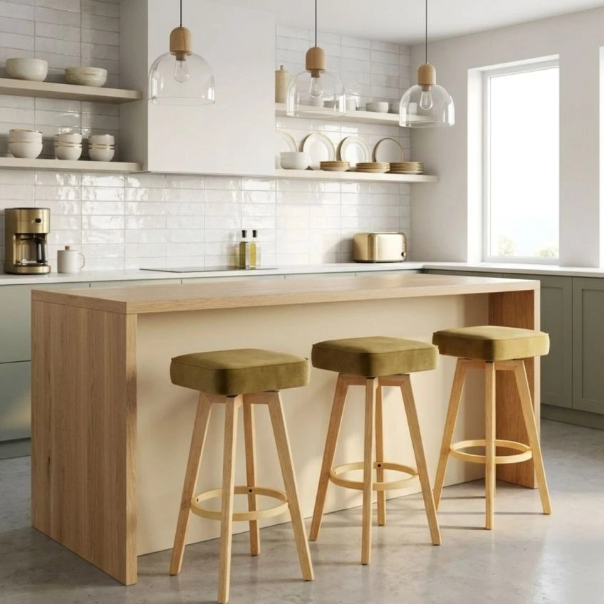 Solna Bar Stool Camel Velvet & Wood Leg
