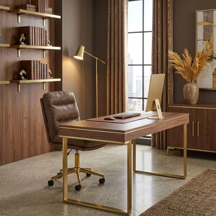 Strada Office Chair Vintage Brown Faux Leather & Gold
