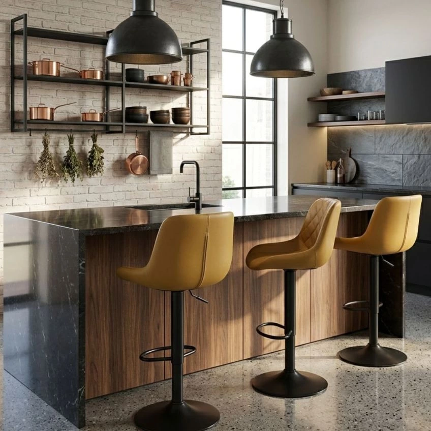 Torek Bar Stool Slate Grey Leather & Black Base

