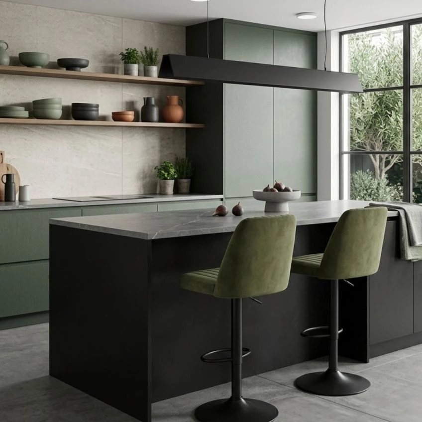 Tuscan Bar Stool Olive Green Velvet & Black
