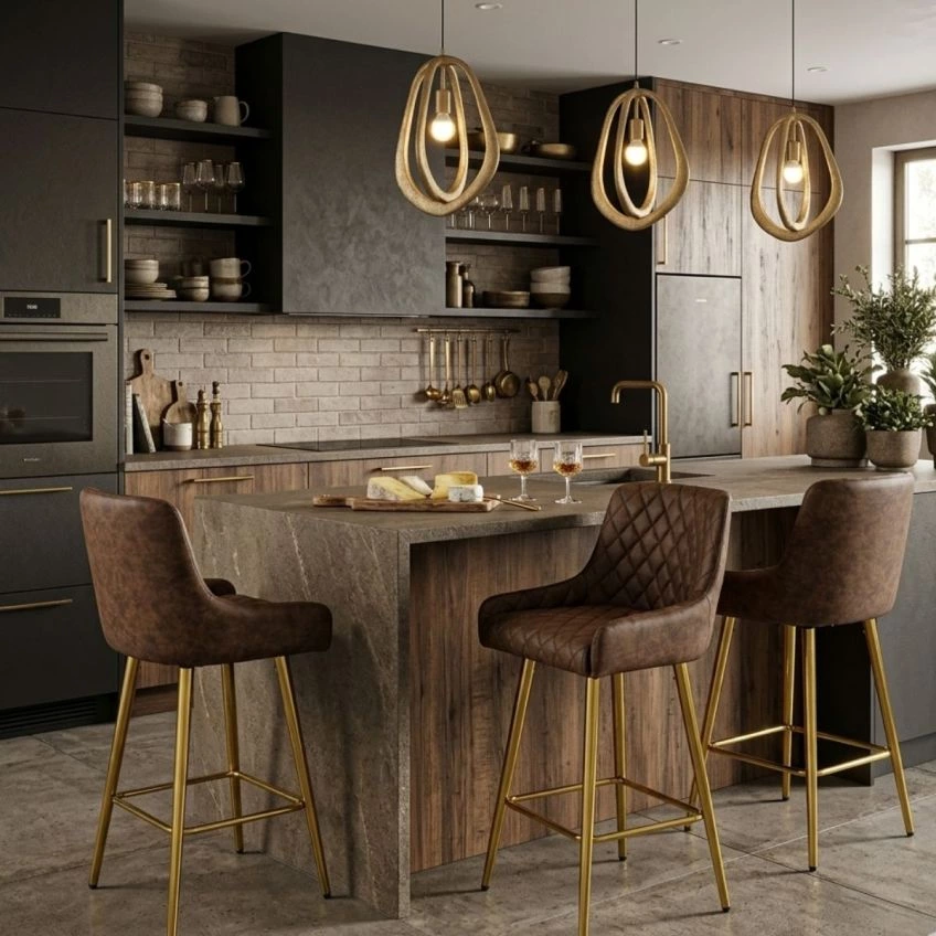 Vault Bar Stool Vintage Brown Leather & Gold Base

