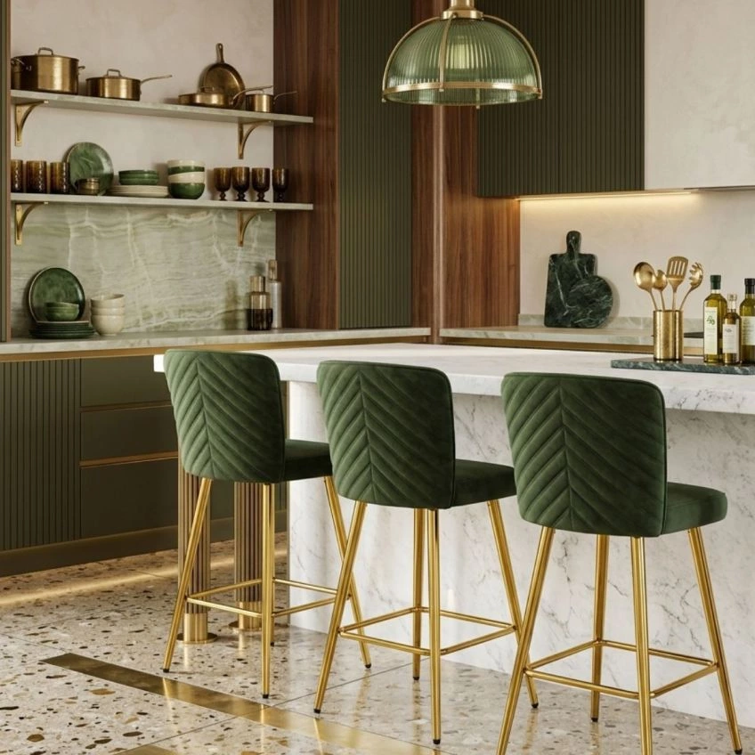 Wellington Bar Stool Camel Velvet & Gold
