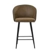 Novara Bar Stool in Aged Brown Leather with Armrests & Black Base
