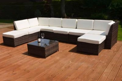 Valencia 8 Seater Modular Garden Rattan Corner Sofa Set with Table Brown