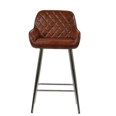 Carson Bar Stool Vintage Tan Brown Leather & Chrome Base