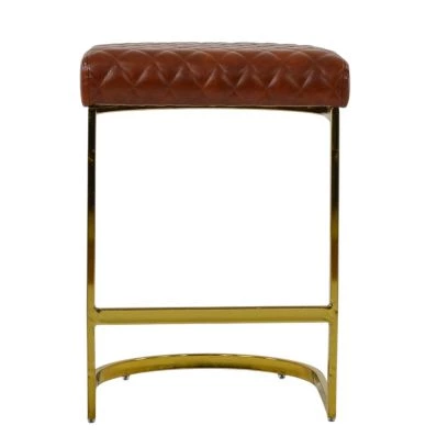 Burrello Bar Stool Vintage Brown Leather & Brass 65cm