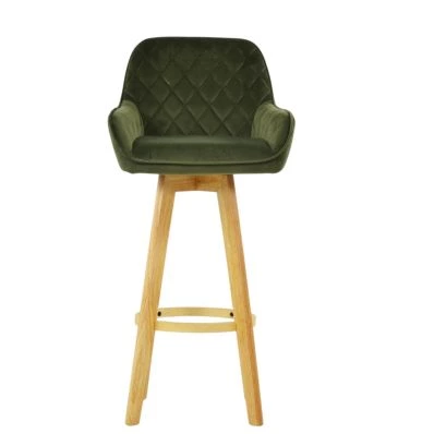 Hjo Bar Stool Olive Green Velvet & Wood Leg