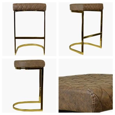 Burrello Bar Stool Antique Brown Leather & Gold Leg 75cm