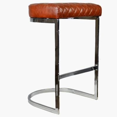Burrello Bar Stool Vintage Tan Brown Leather & Chrome Leg 75cm