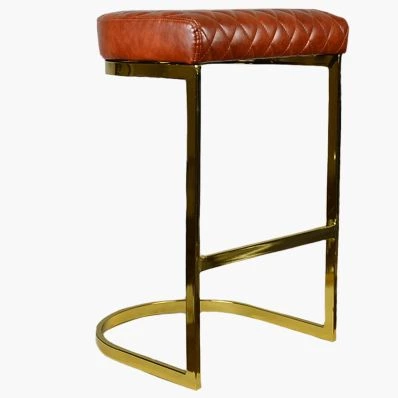 Burrello Bar Stool Vintage Tan Brown Leather & Gold Leg 75cm