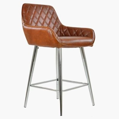 Carson Bar Stool Vintage Tan Brown Leather & Chrome Leg