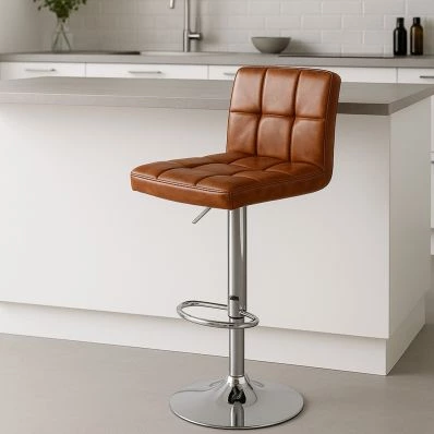 Cuban Bar Stool Vintage Tan Brown Leather & Chrome Base