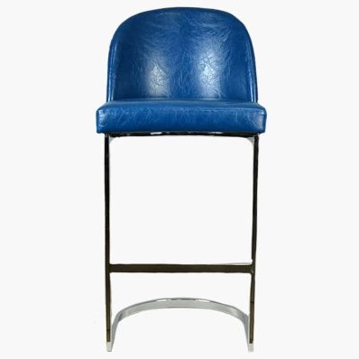 Delamere Bar Stool Blue Leather & Chrome Leg 75cm