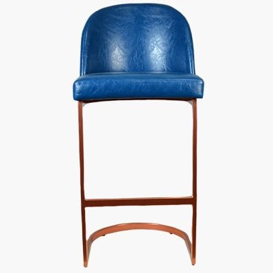 Delamere Bar Stool Blue Leather & Rose Gold Leg 65cm