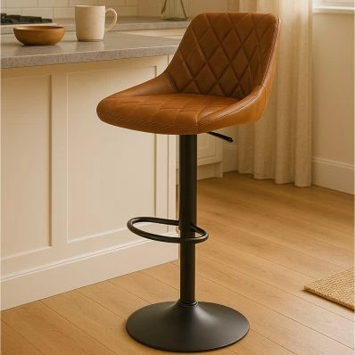 Fleur Bar Stool Vintage Tan Brown Leather & Black Base