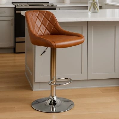 Flo Bar Stool Vintage Tan Brown Leather & Chrome Base