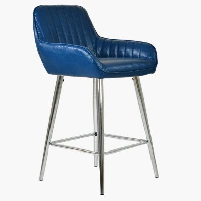 Hamilton Bar Stool Blue Leather & Chrome Leg
