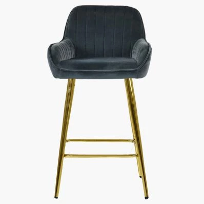 Hamilton Bar Stool Dark Grey Velvet & Gold Leg