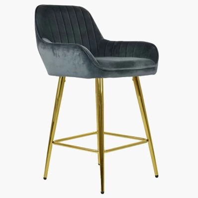 Hamilton Bar Stool Dark Grey Velvet & Gold Leg