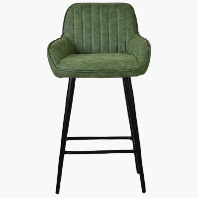 Hamilton Bar Stool Aged Olive Green Leather & Black Leg