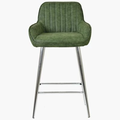 Hamilton Bar Stool Aged Olive Green Leather & Chrome Leg
