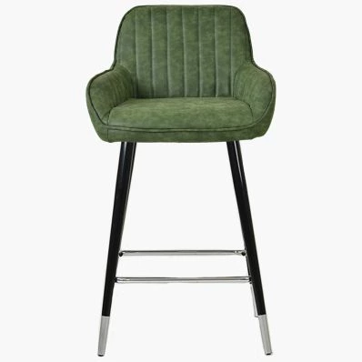 Hamilton Bar Stool Aged Olive Green Leather & Black \ Silver Leg