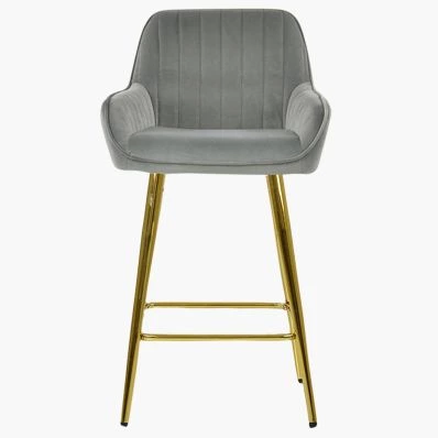 Hamilton Bar Stool Grey Velvet & Gold Leg