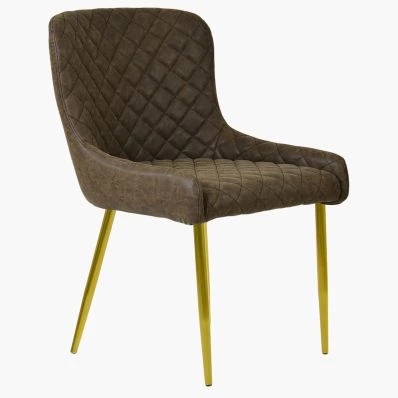 Heron Dining Chair Antique Brown Faux Leather & Gold Legs