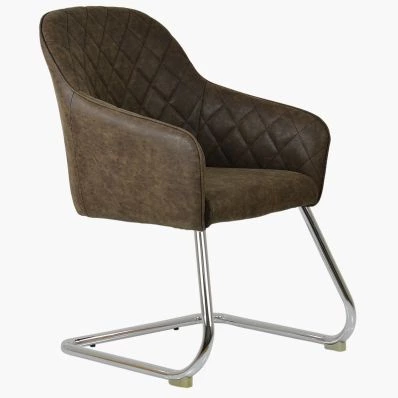 Hood Dining Chair Antique Brown Faux Leather & Chrome Leg