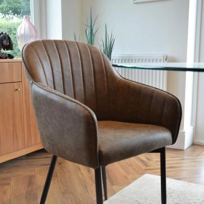 Lule Carver Dining Chair Antique Brown Faux Leather & Black Legs