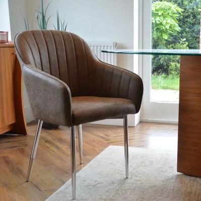 Lule Carver Dining Chair Antique Brown Faux Leather & Chrome Legs