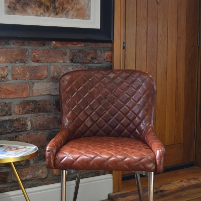 Heron Dining Chair Vintage Tan Brown Faux Leather & Chrome Legs
