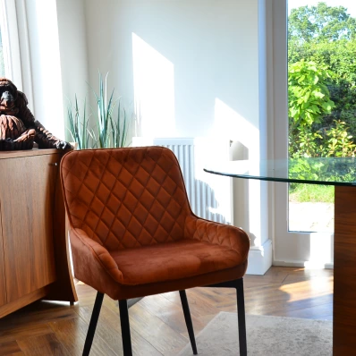 Opus Dining Chair Burnt Orange Velvet & Black \ Silver Legs