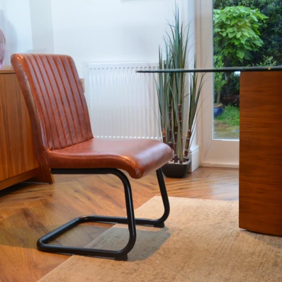 Kendal Dining Chair Vintage Tan Brown Faux Leather & Black Legs