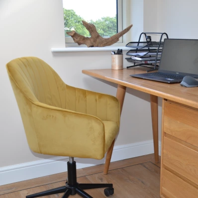 Lule Mustard Velvet Swivel Office Desk Chair Black Base