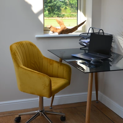 Lule Mustard Velvet Swivel Office Desk Chair Chrome Base