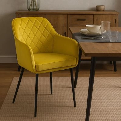 Langham Carver Dining Chair Mustard Velvet & Black Legs