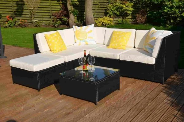 Loret 5 Seater Garden Rattan Corner Sofa Set with Table Brown