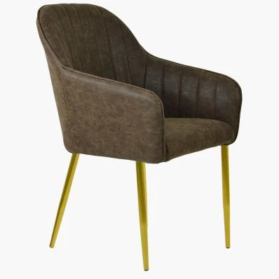 Lule Carver Dining Chair Antique Brown Faux Leather & Gold Legs