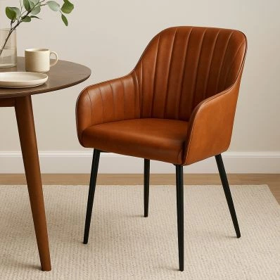 Lule Carver Dining Chair Vintage Tan Brown Faux Leather & Black Legs