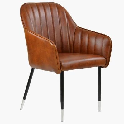 Lule Carver Dining Chair Vintage Tan Brown Faux Leather & Black \ Silver Legs