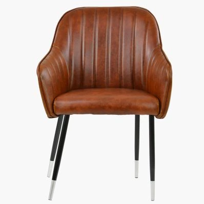 Lule Carver Dining Chair Tan Brown Faux Leather & Black \ Silver Legs
