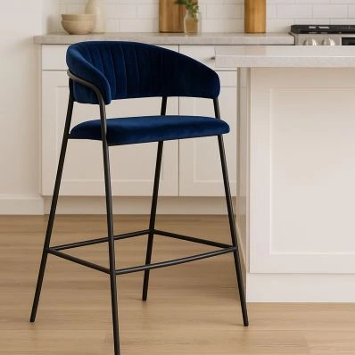 Mando Bar Stool Blue Velvet & Black Leg