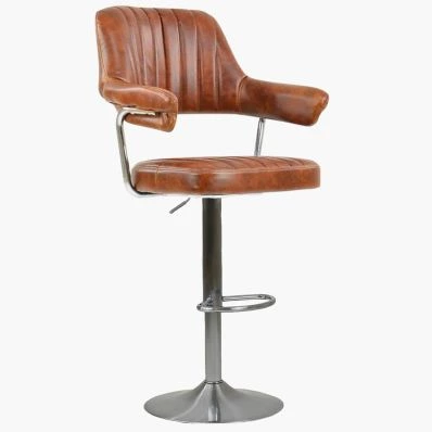 Mars Bar Stool Vintage Tan Brown Leather & Brushed Steel Base