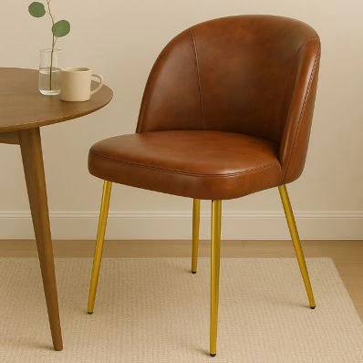 Montadale Dining Chair Vintage Tan Brown Faux Leather & Gold Legs