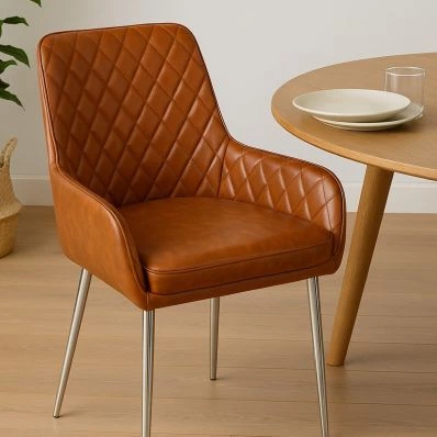 Opus Dining Chair Vintage Tan Brown Faux Leather & Chrome Legs