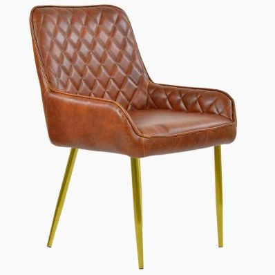 Opus Dining Chair Vintage Tan Brown Faux Leather & Gold Legs