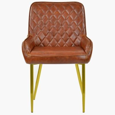 Opus Dining Chair Tan Brown Faux Leather & Gold Legs