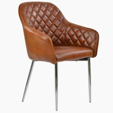 Opus Carver Dining Chair Vintage Tan Brown Faux Leather & Chrome Legs